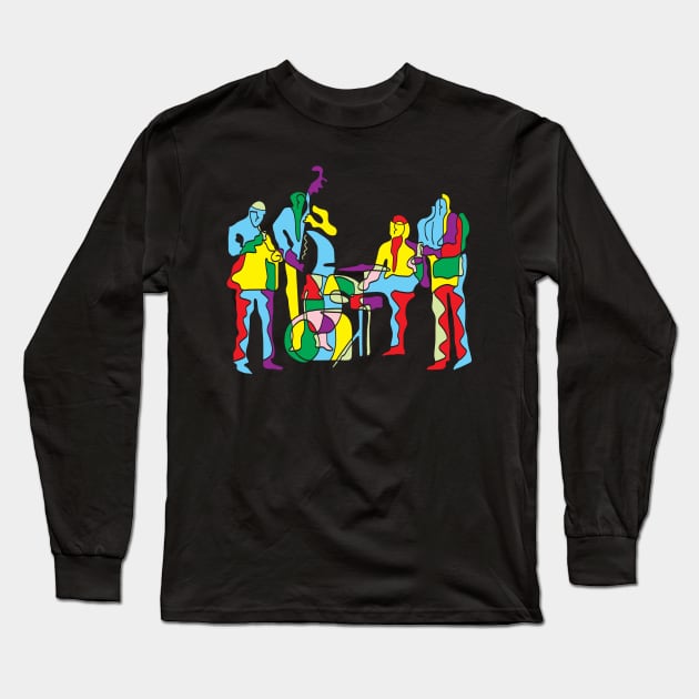 Colorful Jazz Band Modern Art Style Long Sleeve T-Shirt by jazzworldquest